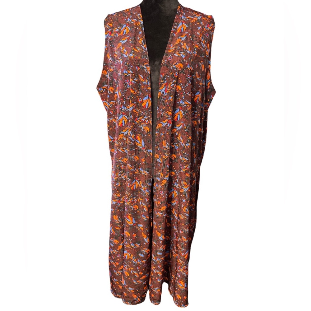 LulaRoe Feather Print Sleeveless Duster/Cover Up/Cardigan/Kimono-Brown Red Blue